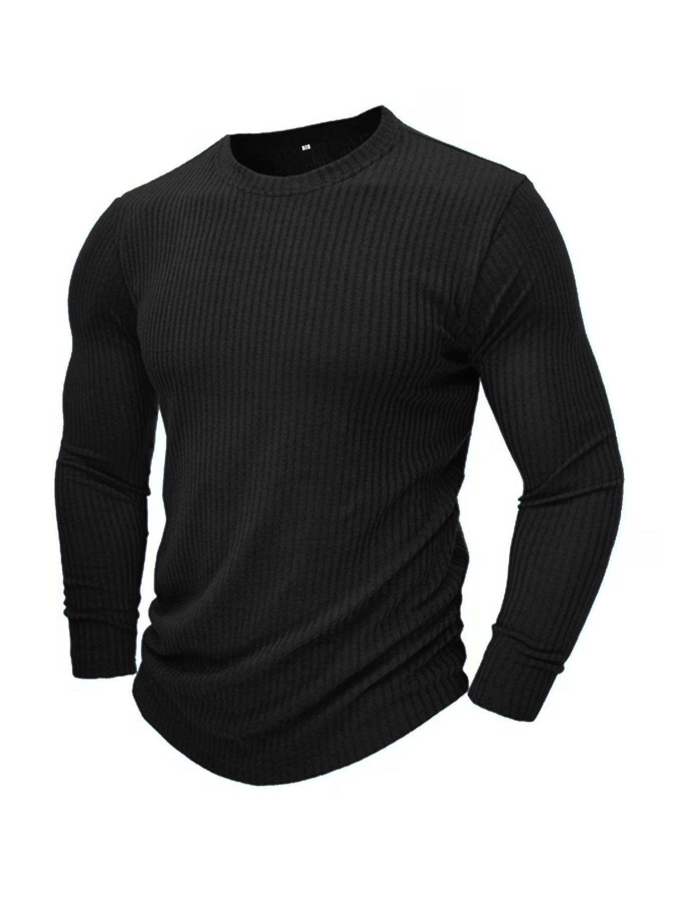 Men Formal Wear Top - 남성용 라운드넥 긴팔 니트 티셔츠, 단색