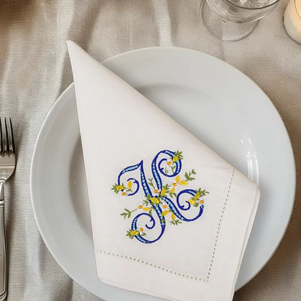 Monogrammed Handkerchief - 신상품 100% 순수 린넨 레몬 자수