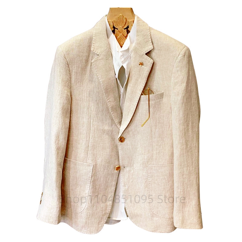 Men Formal Wear Top - 베이지 남성 정장 리넨 블레이저 재킷