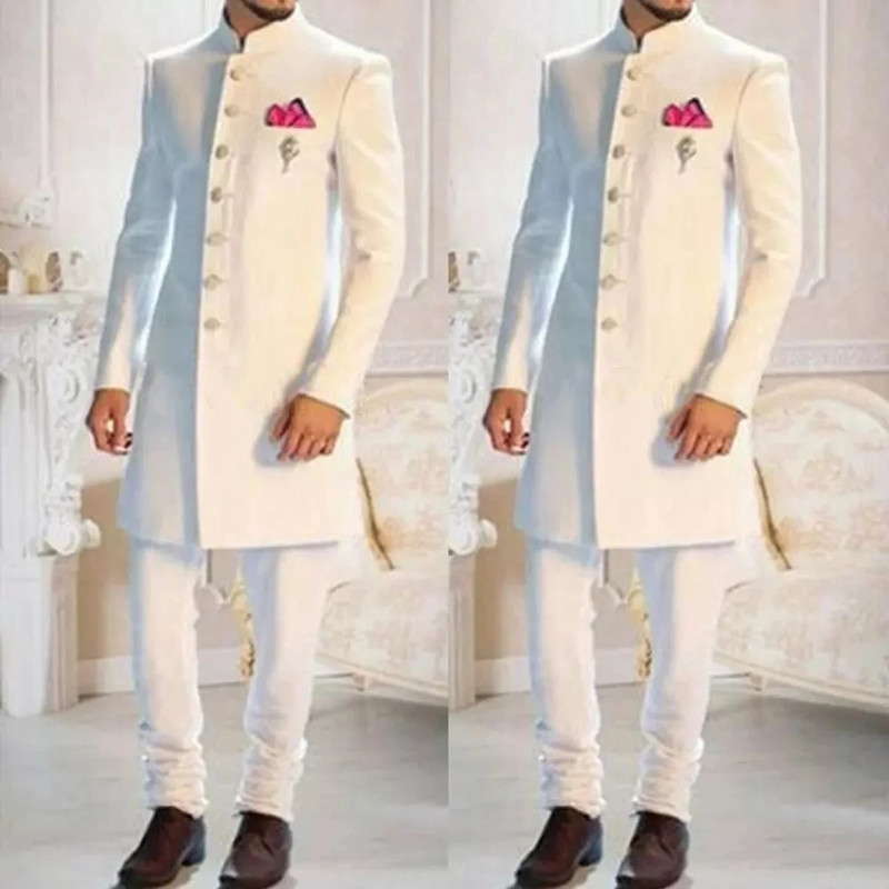 Men'S Formal Ethnic Wear - 남성용 화이트 스탠드 칼라 싱글 브레스티드