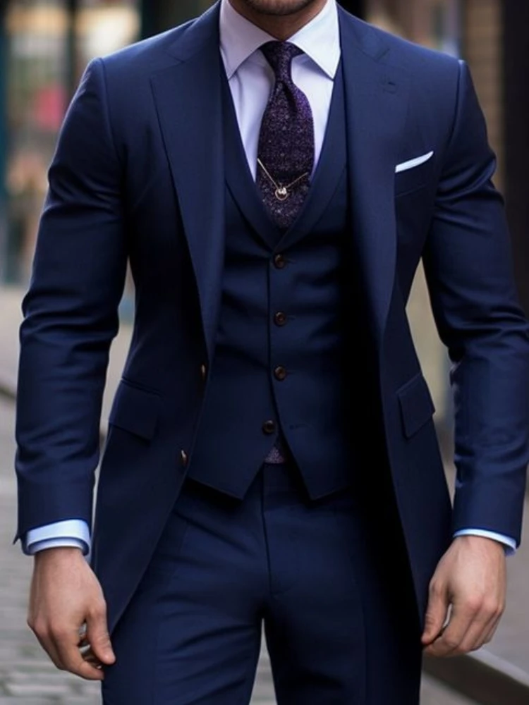 네이비 블루 3 조각 캐주얼 남성 정장 슬림 피트 노치 - Formal Wear For Men In Wedding 리뷰 및 가격