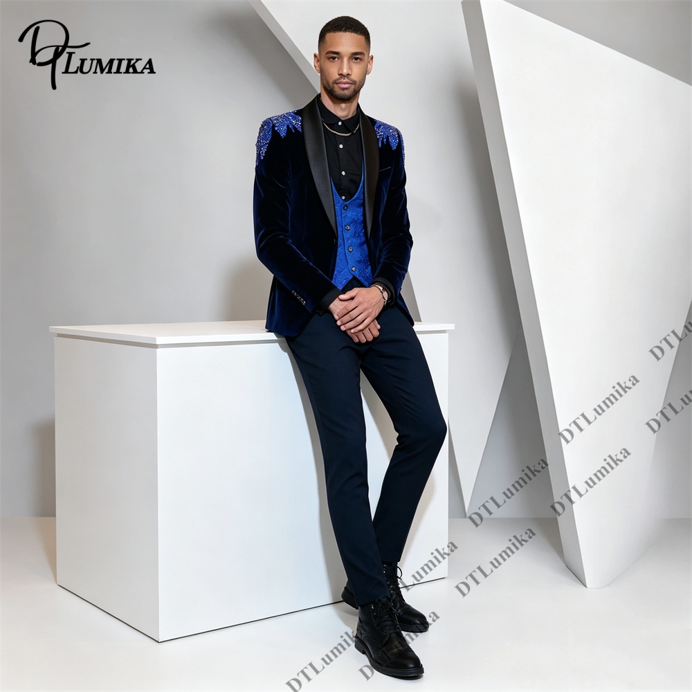 Peagent Men 3 피스 벨벳 슈트 블랙 새틴 라 - Formal Wear For Men In Wedding 리뷰 및 가격