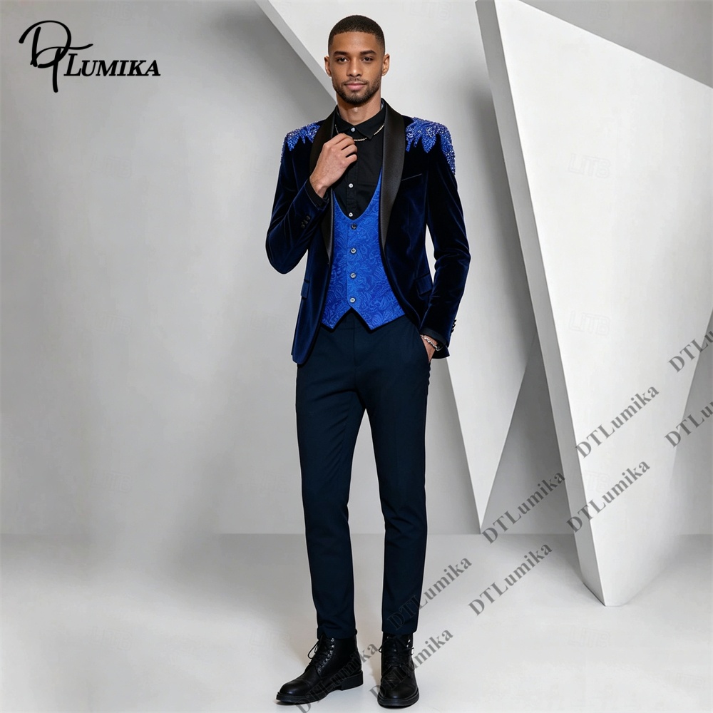 Peagent Men 3 피스 벨벳 슈트 블랙 새틴 라 - Formal Wear For Men In Wedding 리뷰 및 가격