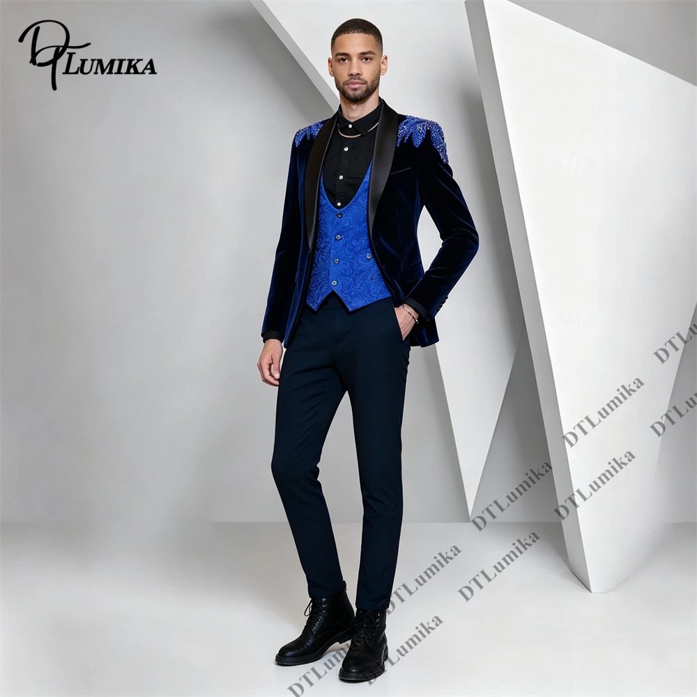 Peagent Men 3 피스 벨벳 슈트 블랙 새틴 라 - Formal Wear For Men In Wedding 리뷰 및 가격